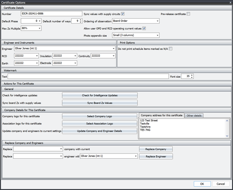 Pirform's Certificate Options dialog showing the new company details fields