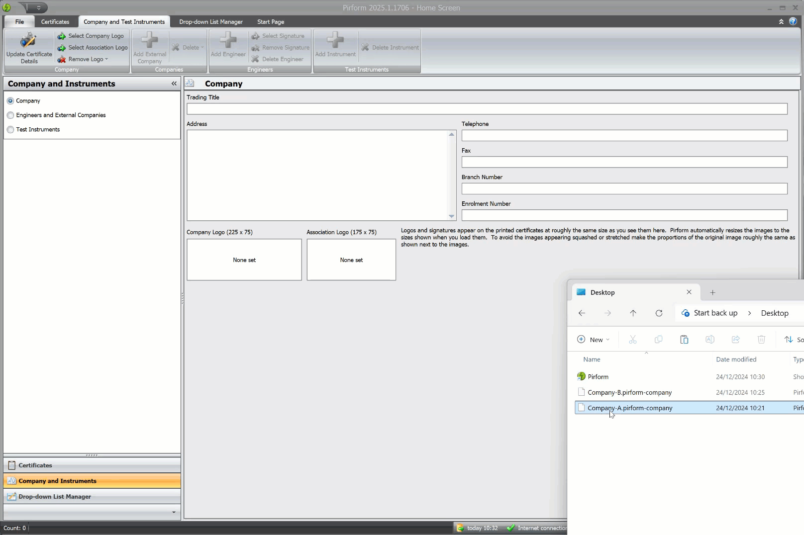 An animation showing dragging company details files into Pirform