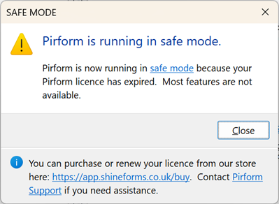 Pirform's safe mode showing more information in the message