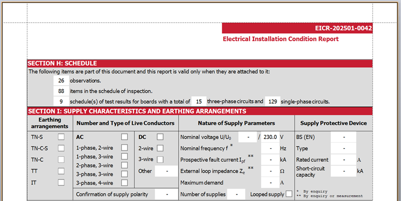 "Pirform EICR PDF showing the new circuit counts"