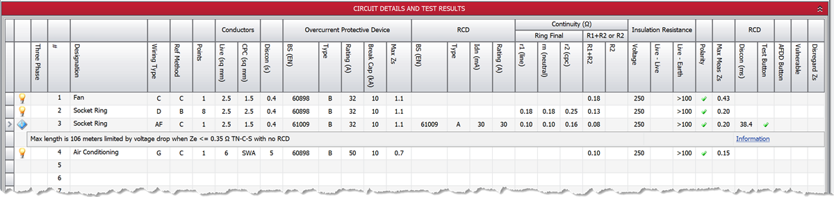 Screenshot of the Circuit Helper showing the maximum length of a ring final circuit